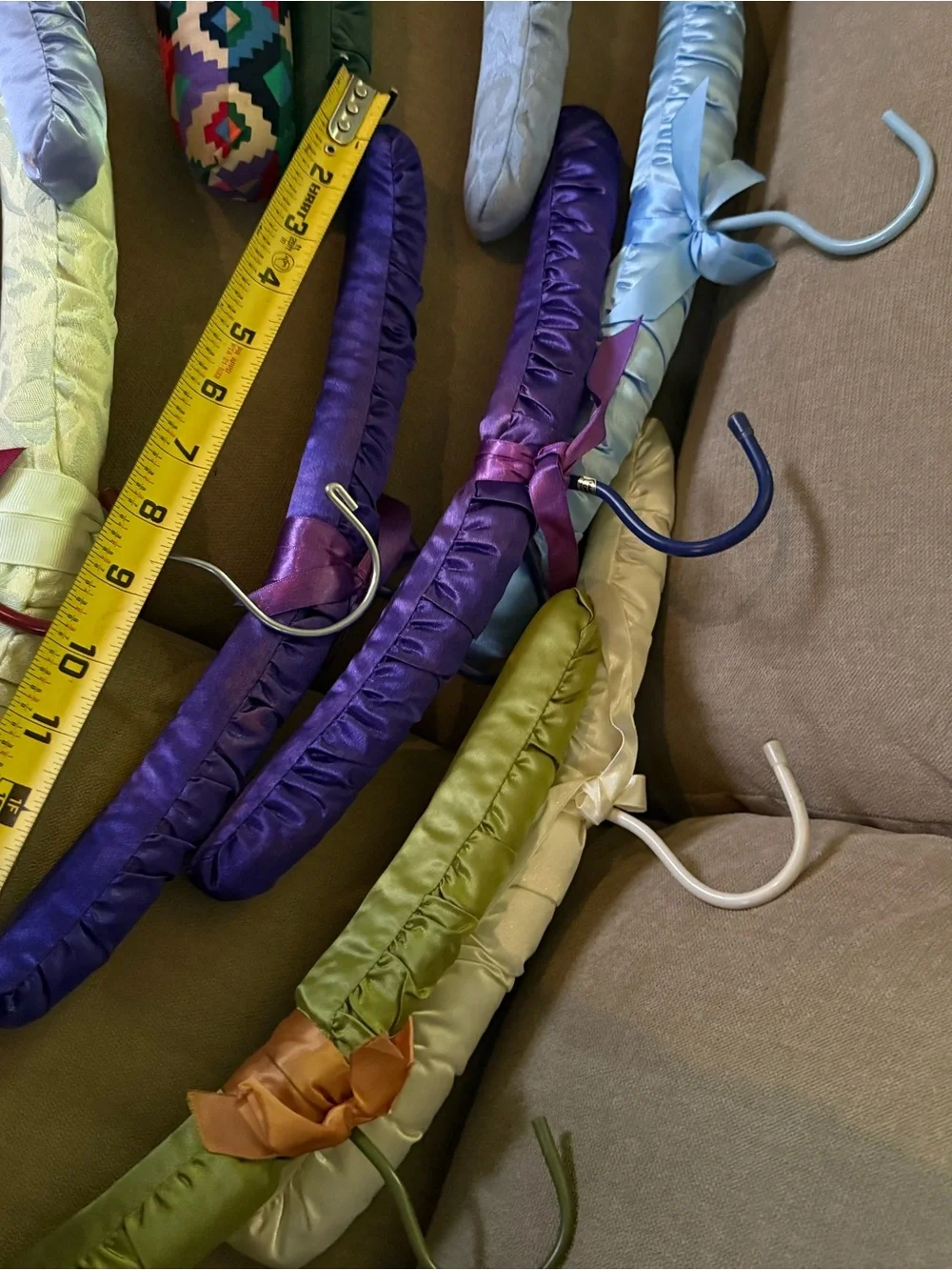 14 Vintage satin Cloth padded hangers various pastel colors patterned designs